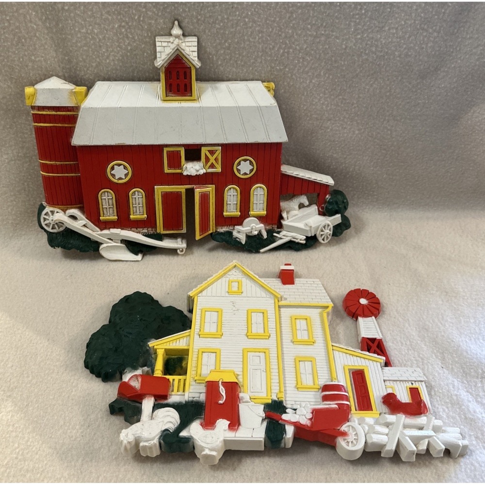 Vintage Homco Wall Plaques Farm House Barn 1975 7369 USA Set Of 2 Hanging 3D